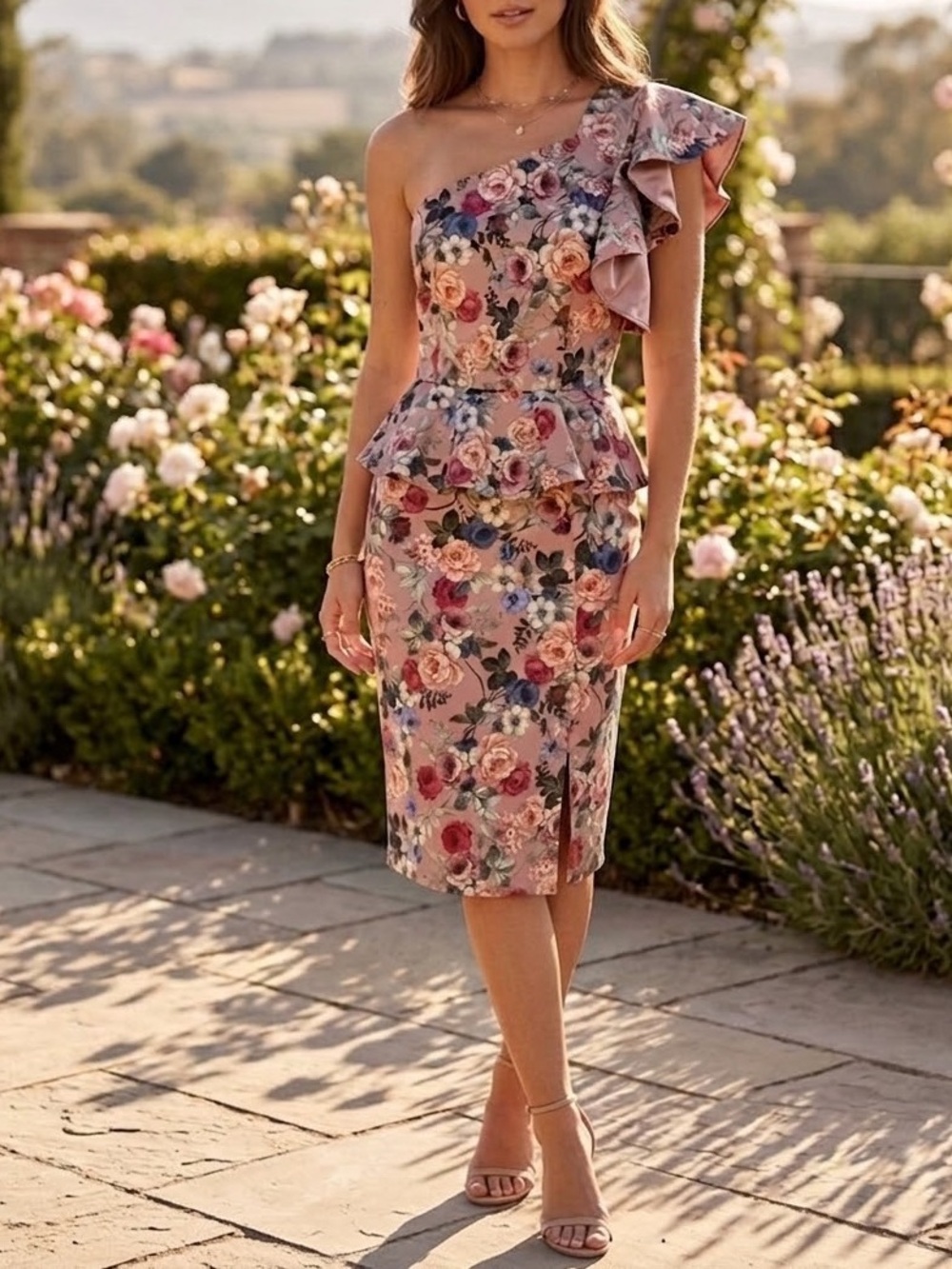 Gianni Bini One-Shoulder Floral Peplum Dress in Blush and Rose size 4
